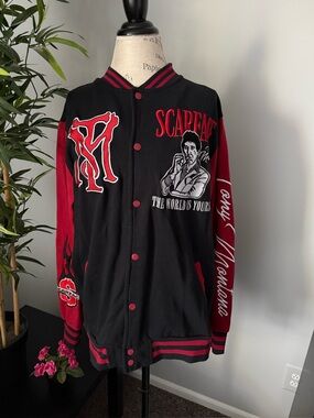 Scarface coat size large black bomber varsity jacket embroidered
vintage